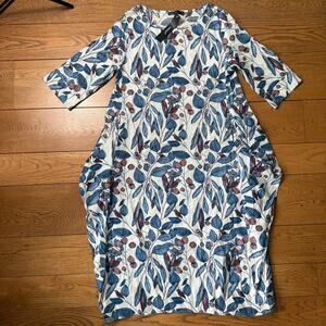 NWT Celmia Lagenlook Balloon Dress SZ L Pockets Botanical Birds Cotton